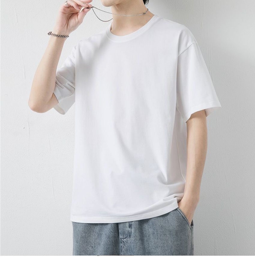 Heavyweight T-shirt Fashion 180g Short Sleeve T-shirt Men's Round Neck Black and White Half Sleeve Casual Loose Pure Color T-shirt
