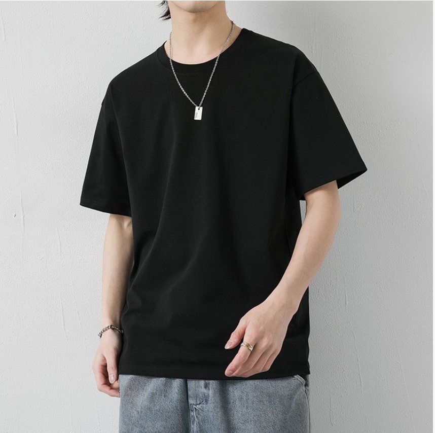 Heavyweight T-shirt Fashion 180g Short Sleeve T-shirt Men's Round Neck Black and White Half Sleeve Casual Loose Pure Color T-shirt