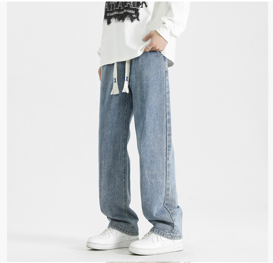 Straight-leg jeans for men - trendy, versatile, casual, high street, wide-leg, relaxed American style pants suitable for spring and autumn seasons.