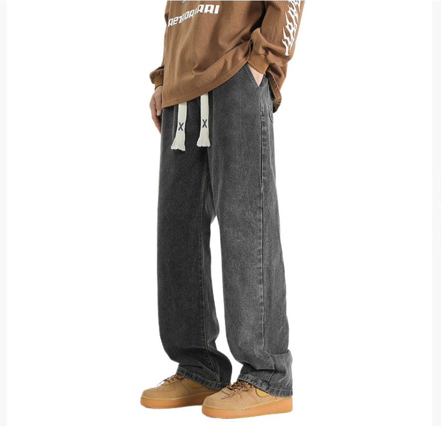 Straight-leg jeans for men - trendy, versatile, casual, high street, wide-leg, relaxed American style pants suitable for spring and autumn seasons.
